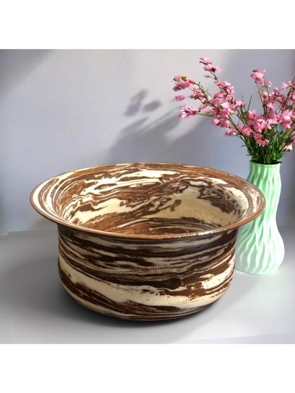 Ceramic Bowl Brown & Cream Marbled With Flared Rim Handmade Pottery